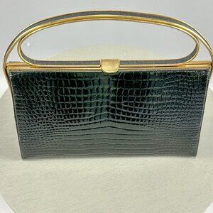 1950s Black Structured Leather Handbag Purse | Skin-Like Texture Boxy Top Handle